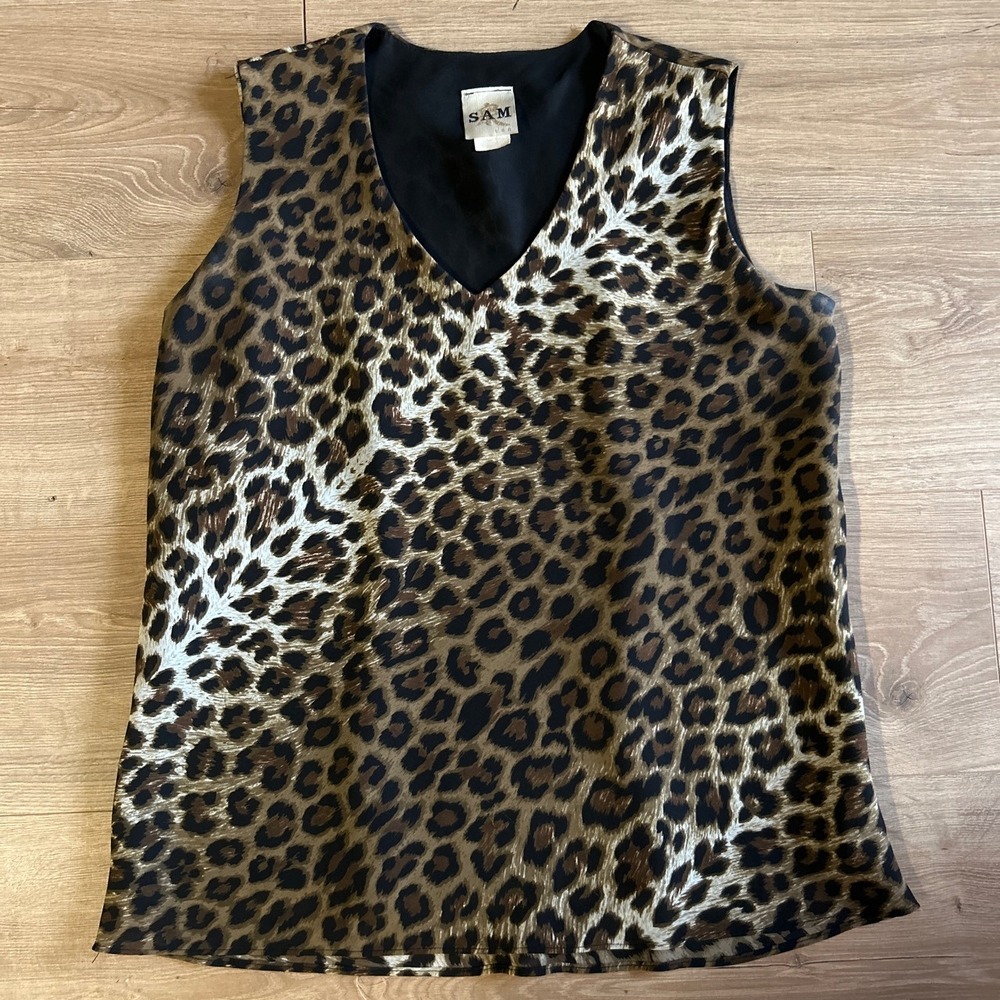 SAM USA Womens Leopard Print V-Neck Sleeveless Blouse Brown Tan Black Medium